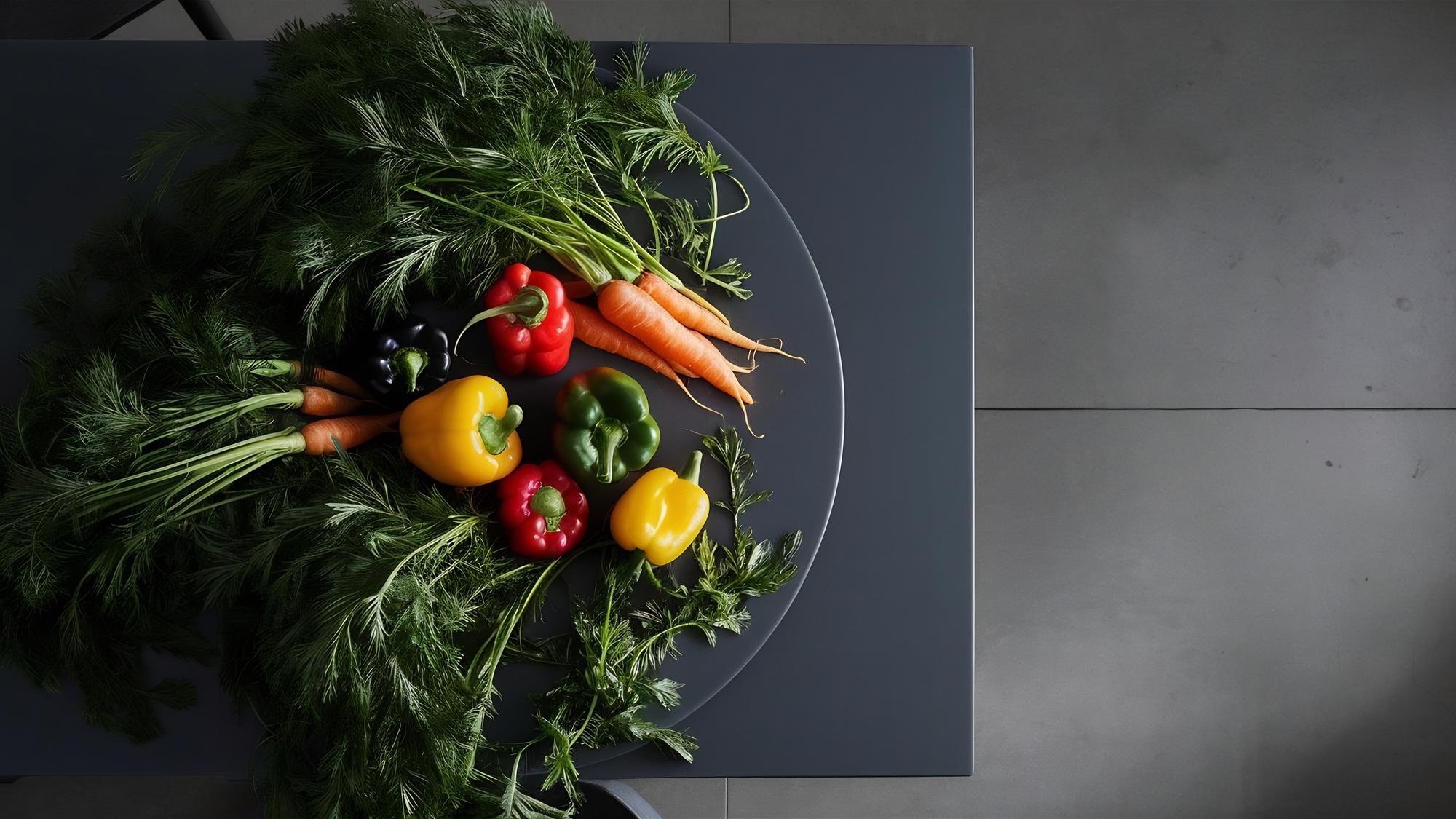 Close-up of seasonal vegetables arranged in monochrome studio