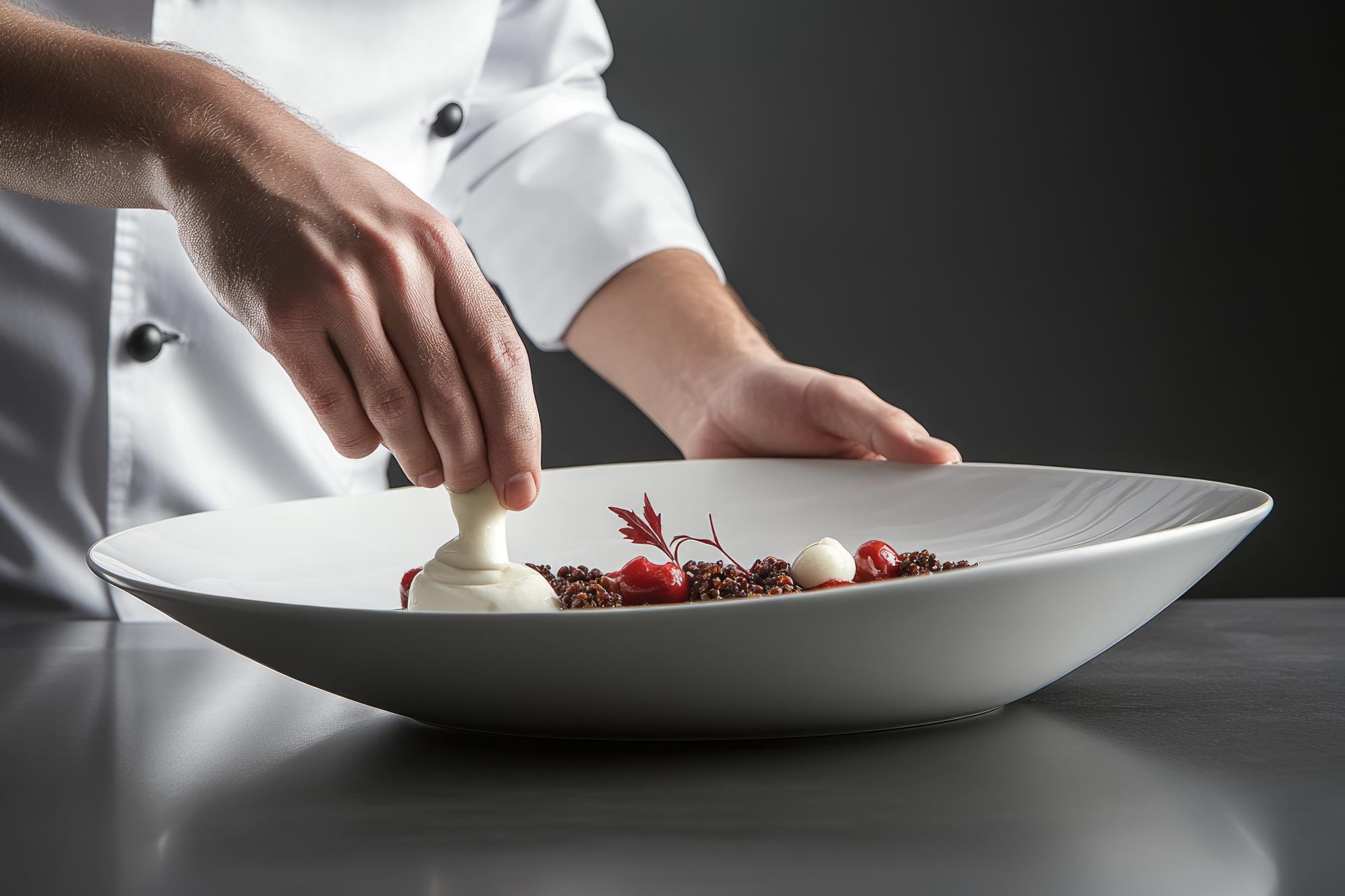 Chef plating a futuristic dish in a white kitchen
